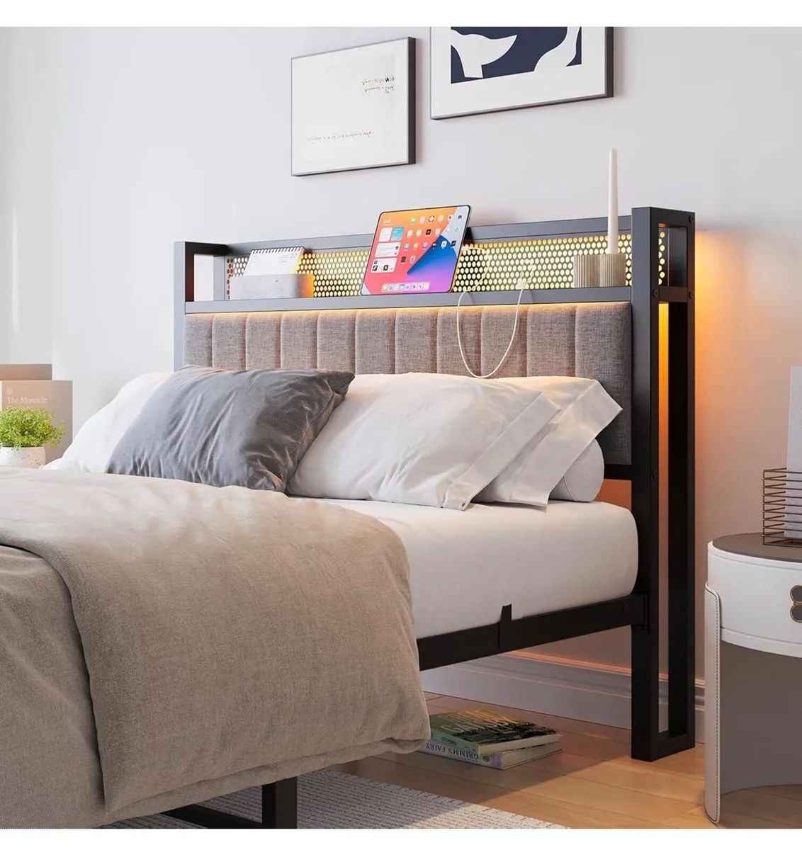 Wooden Storage Headboard Shelf, 3ft Upholstered Be - Image 3