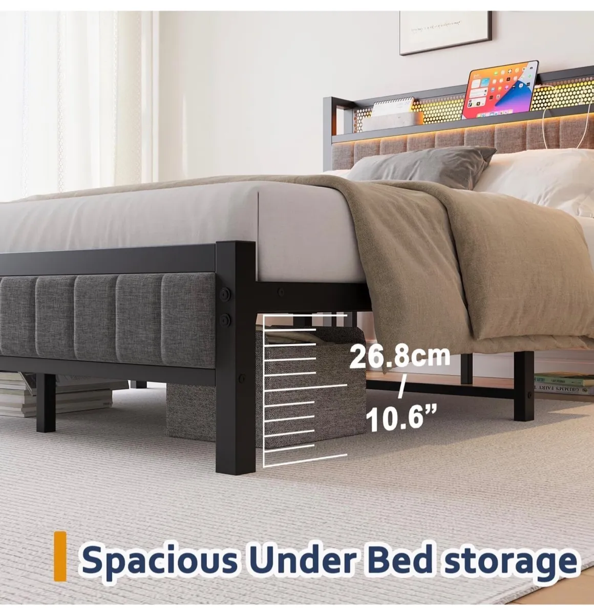 Wooden Storage Headboard Shelf, 3ft Upholstered Be - Image 2