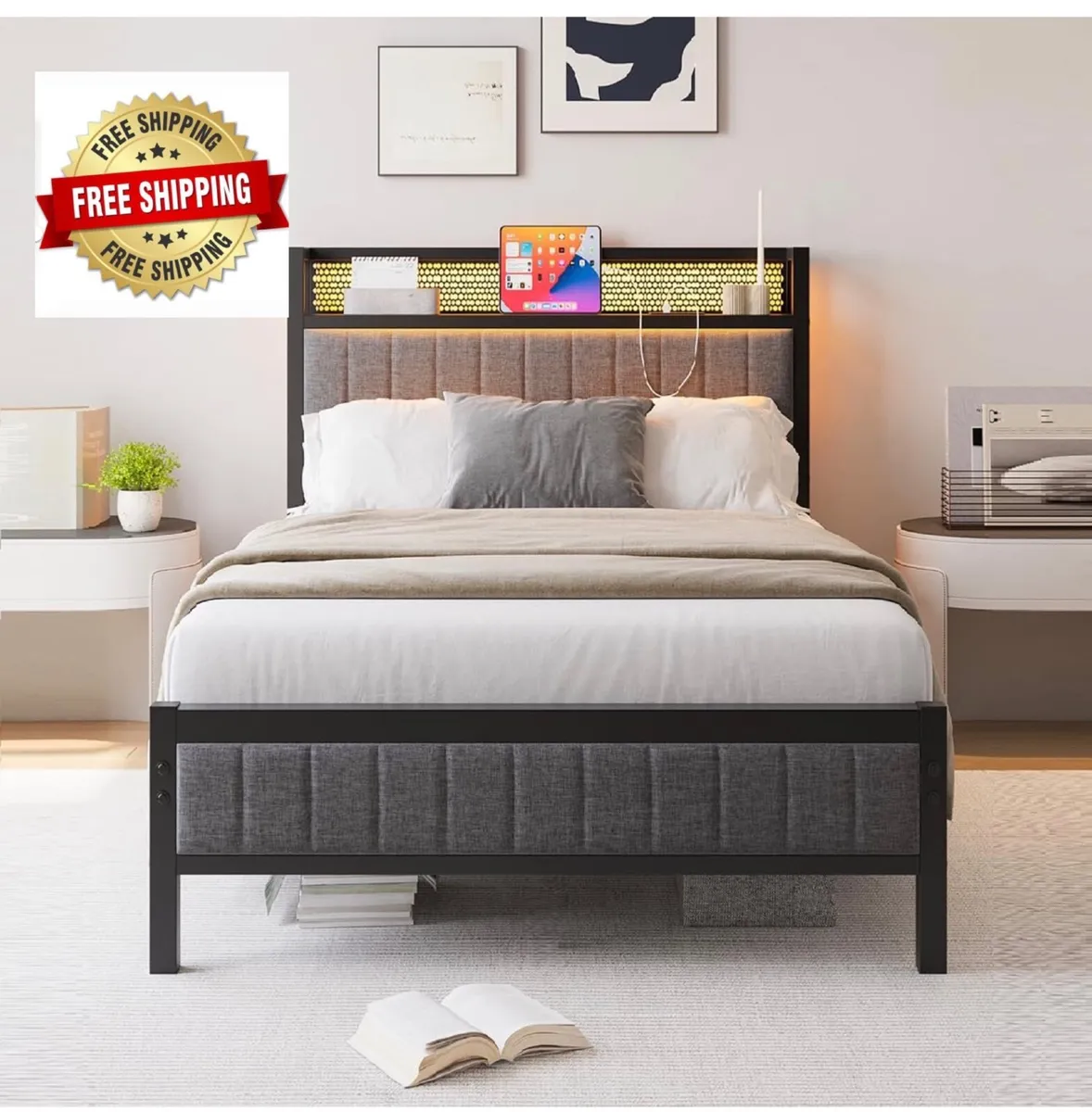 Wooden Storage Headboard Shelf, 3ft Upholstered Be - Image 1