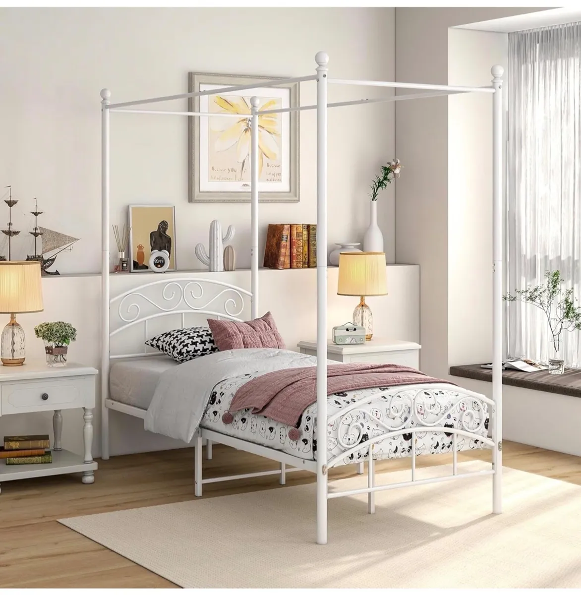 Canopy Bed Frame 3ft Single Size White Ornate Euro - Image 4