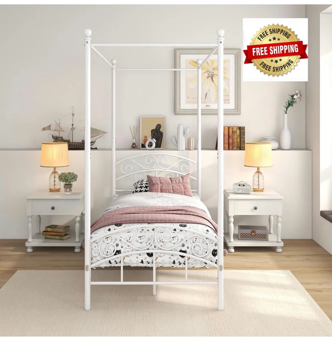 Canopy Bed Frame 3ft Single Size White Ornate Euro - Image 1