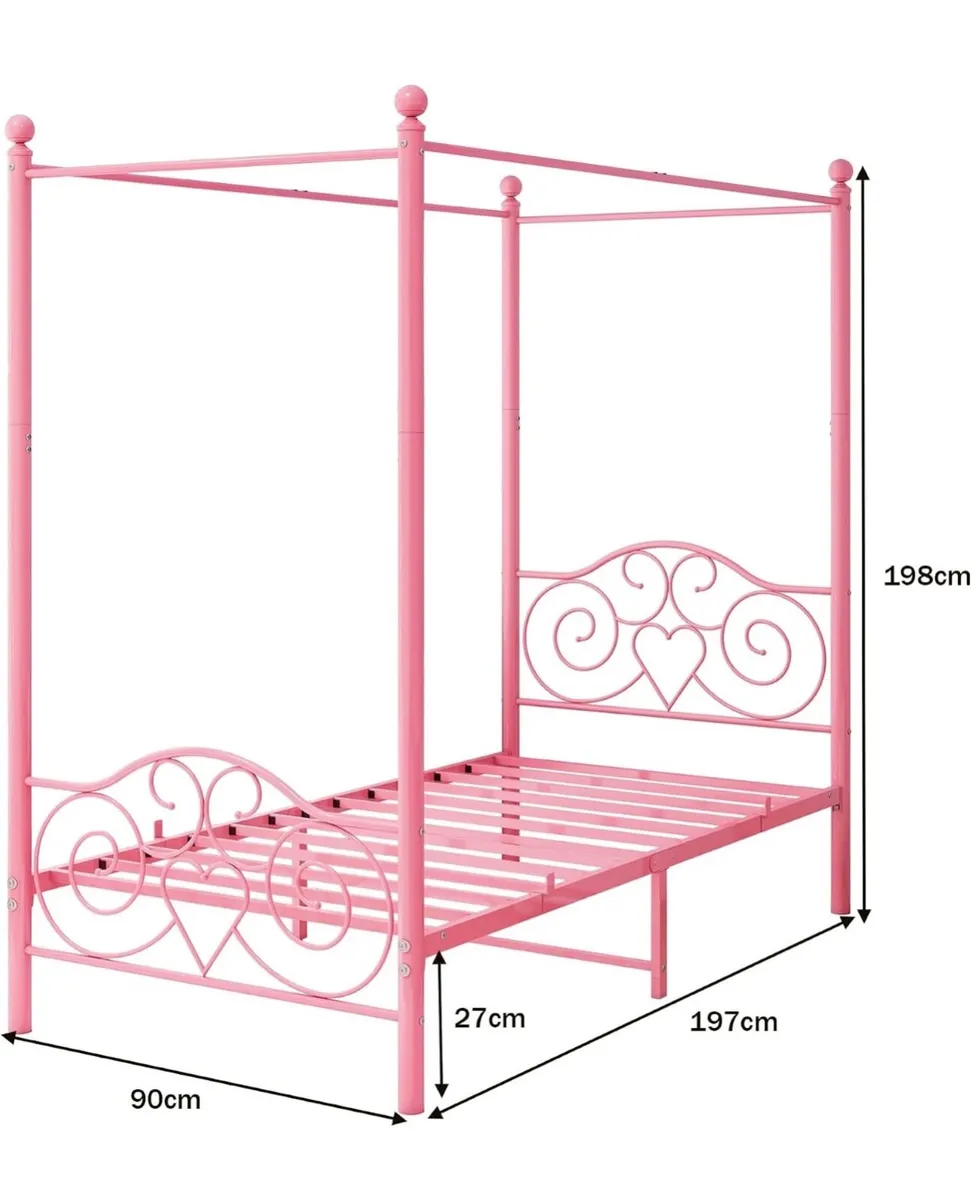 90x190cm Single Canopy Bed Frame, 3ft Metal Bed wi - Image 4