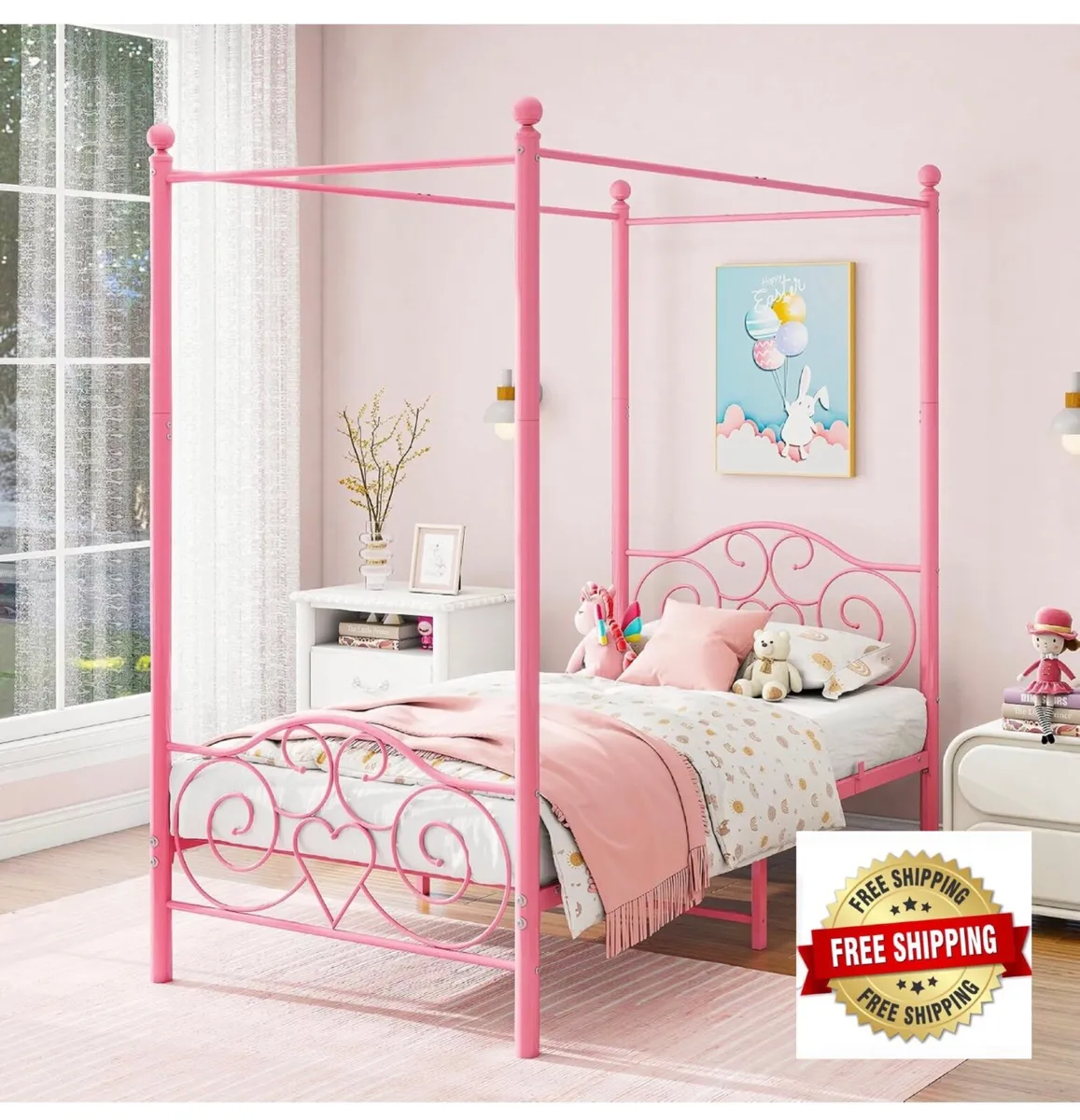 90x190cm Single Canopy Bed Frame, 3ft Metal Bed wi - Image 1