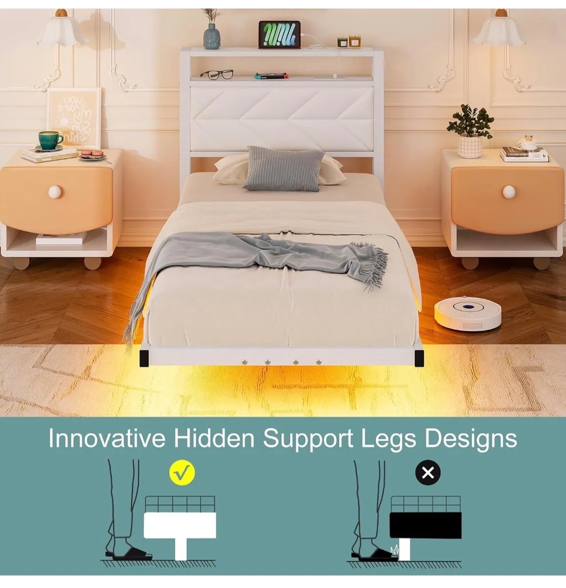 Single Floating Upholstered Bed Frame with Storage - Image 3
