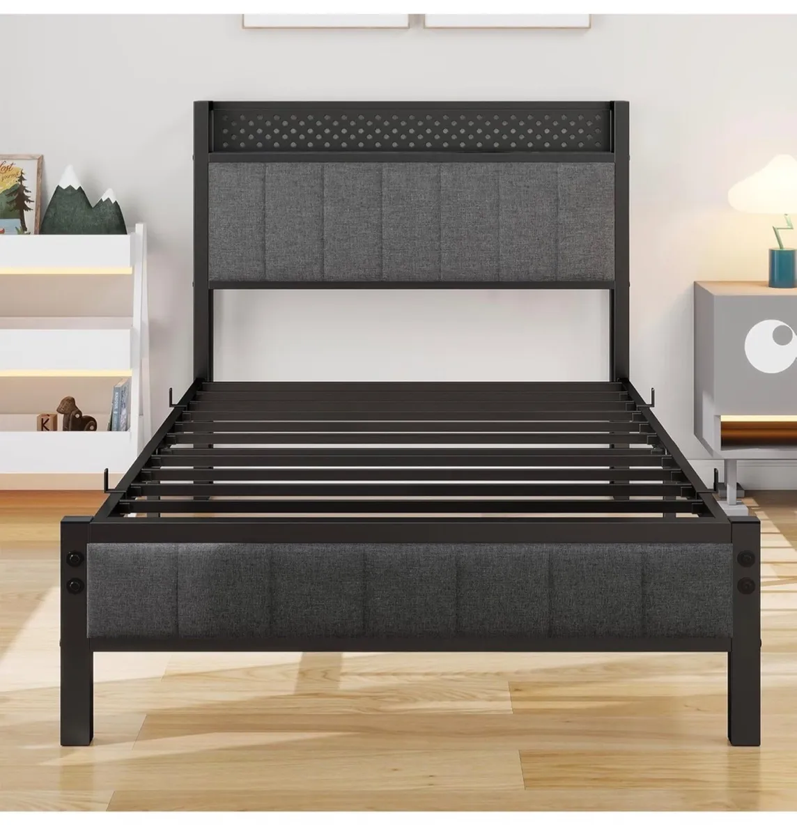 3ft Upholstered Bed Frame with Heavy Duty Metal Sl - Image 2