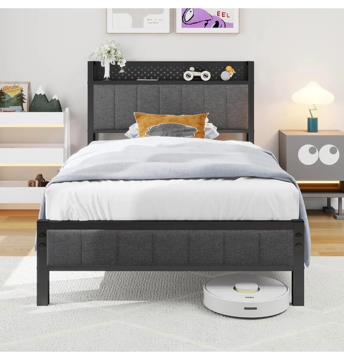 3ft Upholstered Bed Frame with Heavy Duty Metal Sl - Image 3