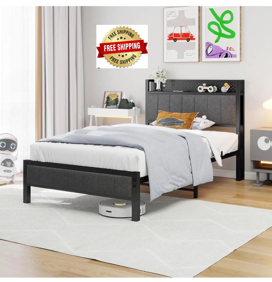 3ft Upholstered Bed Frame with Heavy Duty Metal Sl - Image 1