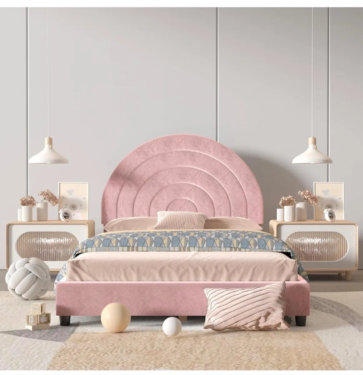Rainbow Velvet Wooden Kids Bed, Single Children Be - Image 4