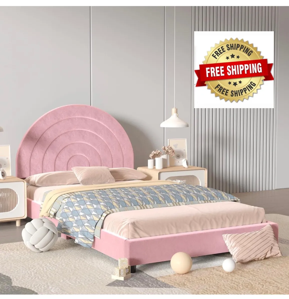 Rainbow Velvet Wooden Kids Bed, Single Children Be - Image 1
