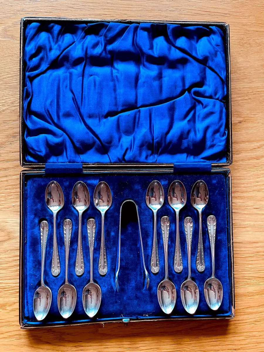 Cased Set Of Antique Teaspoons And Sugar Tongs - Image 1