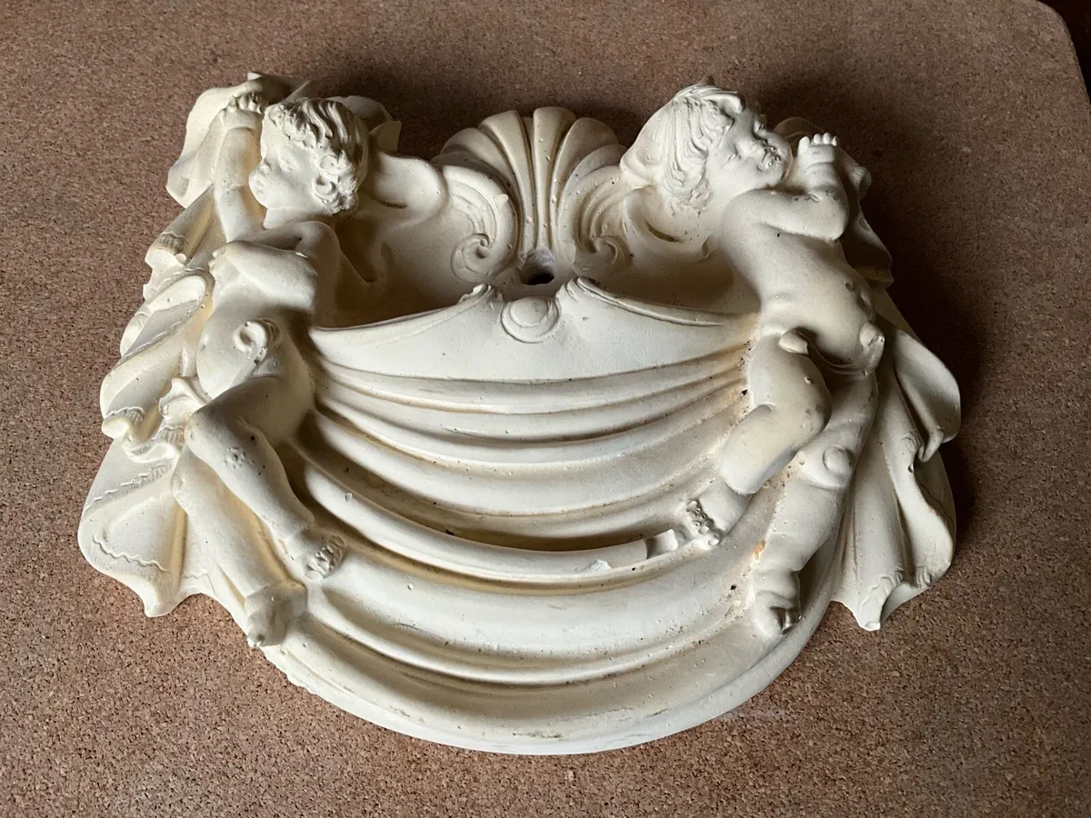 Vintage Plaster Cherub Water Font Wall Hanging - Image 2