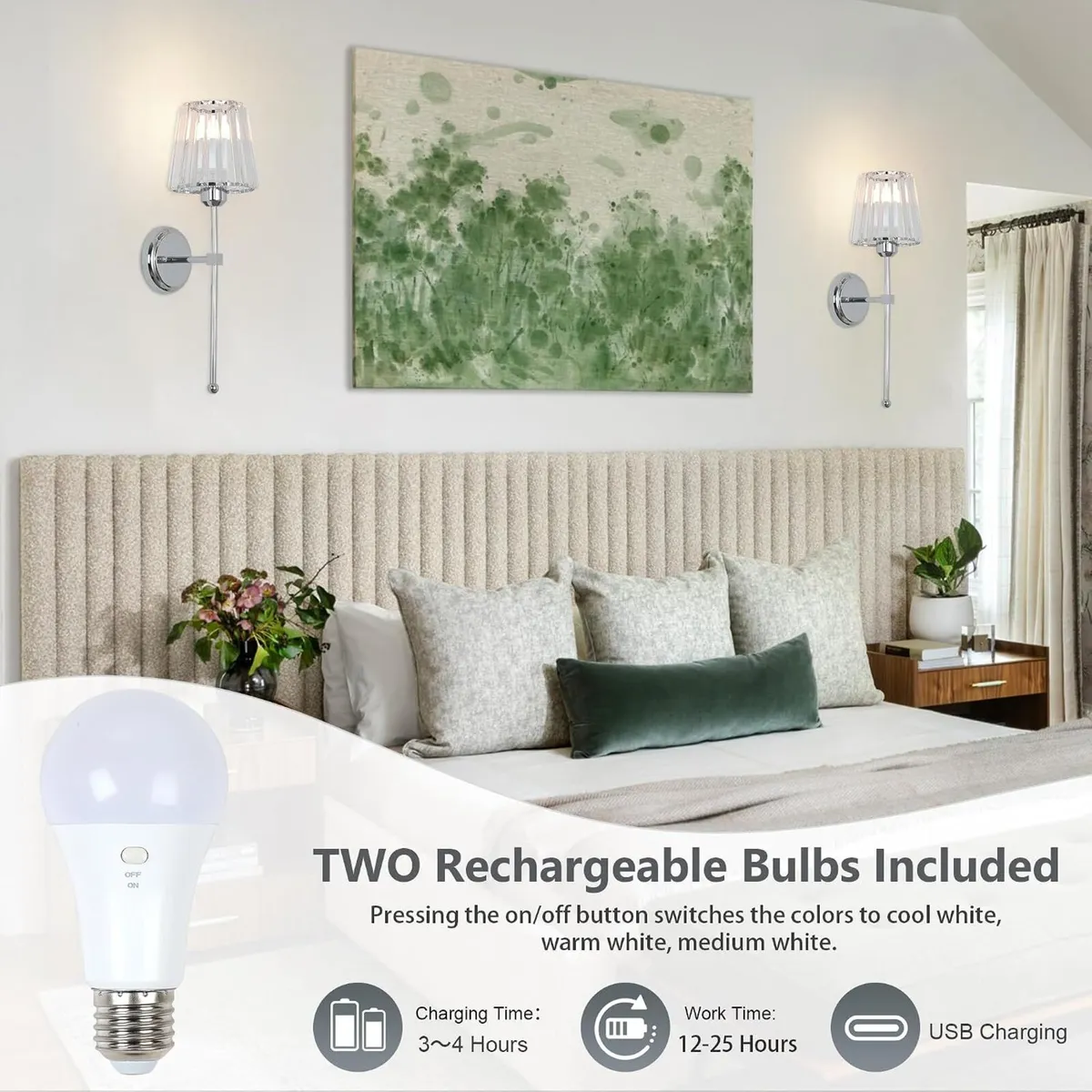 Battery Operated Wall Lights Rechargeable (Set - Image 3