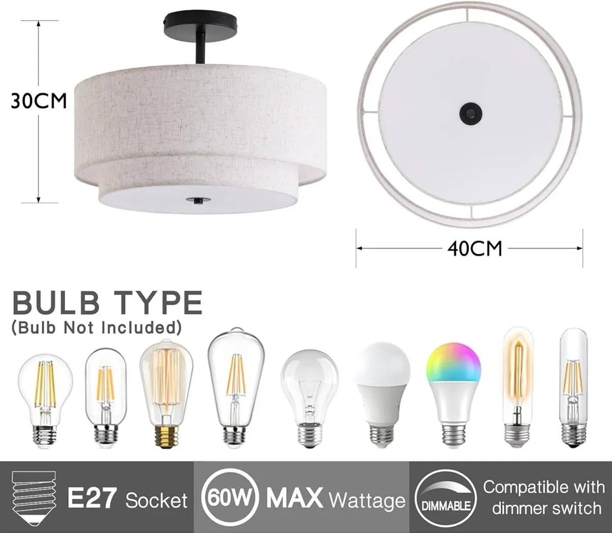 Dual Drum 3-Light Semi Flush Mount Ceiling Light - Image 2
