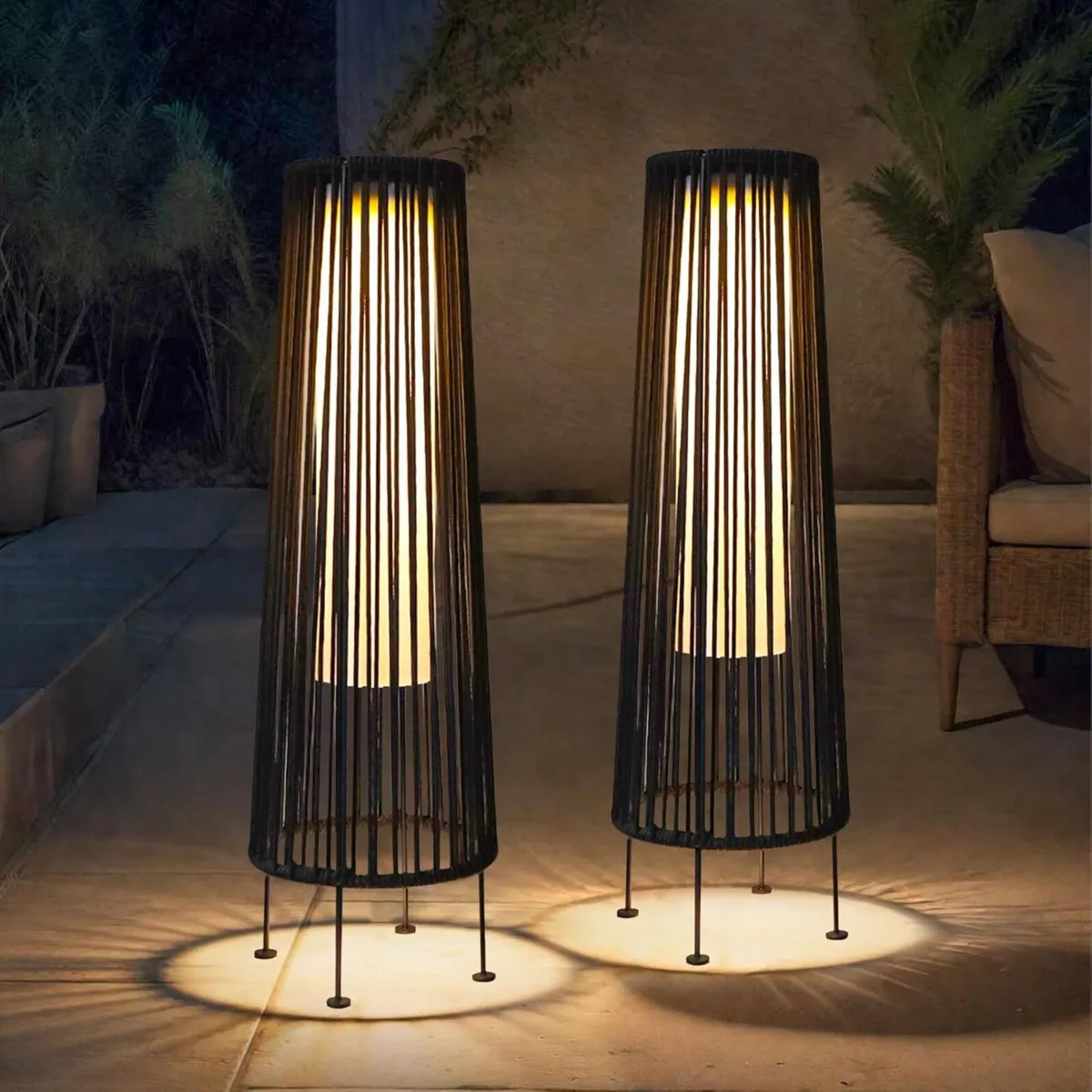 Outdoor Floor Lamp Solar Powered Lantern Wicker - Image 1