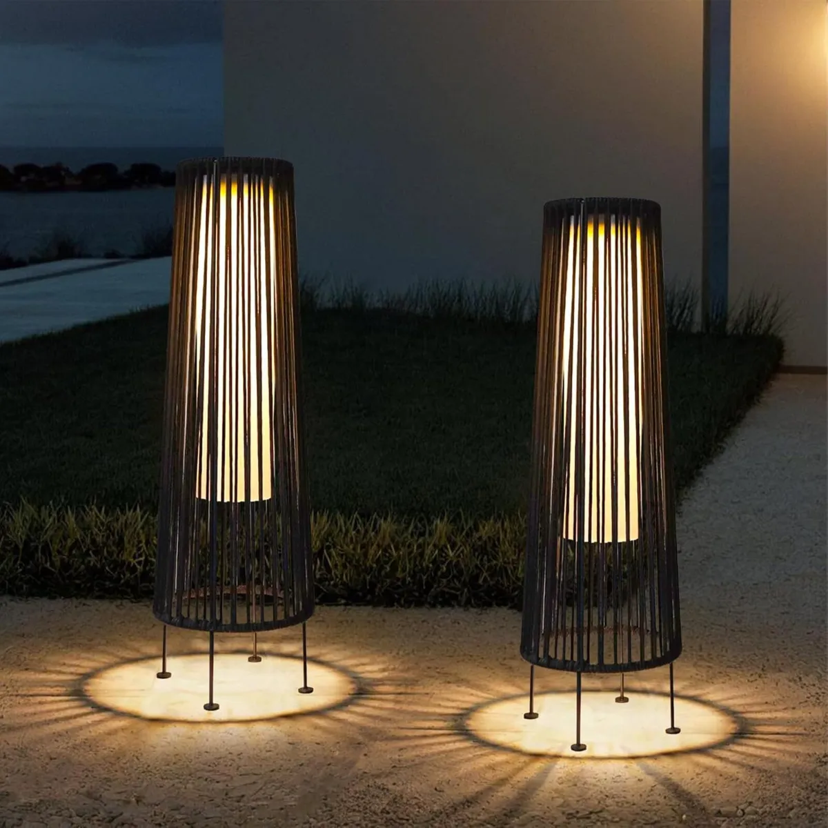 Outdoor Floor Lamp Solar Powered Lantern Wicker - Image 2
