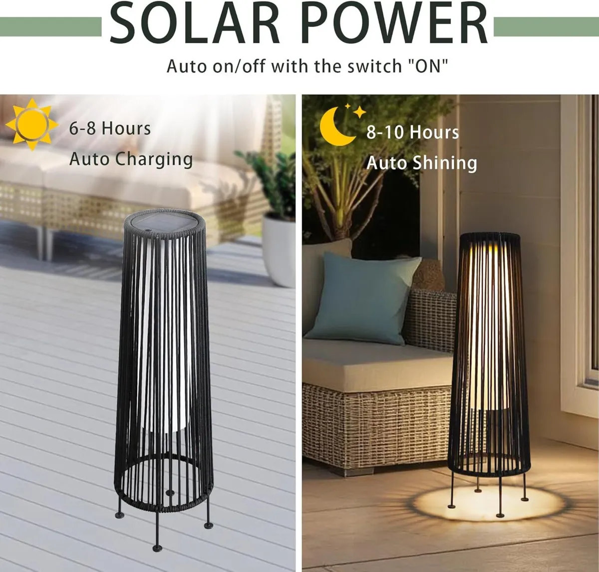 Outdoor Floor Lamp Solar Powered Lantern Wicker - Image 3