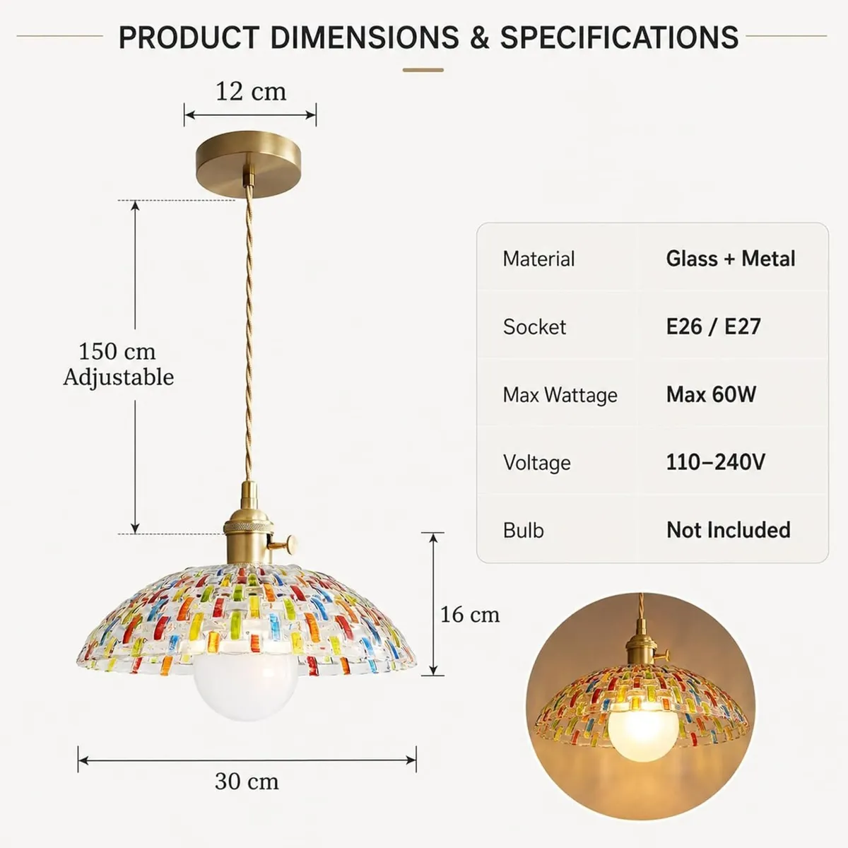 Boho Mosaic Glass Pendant Light Vintage Brass - Image 2