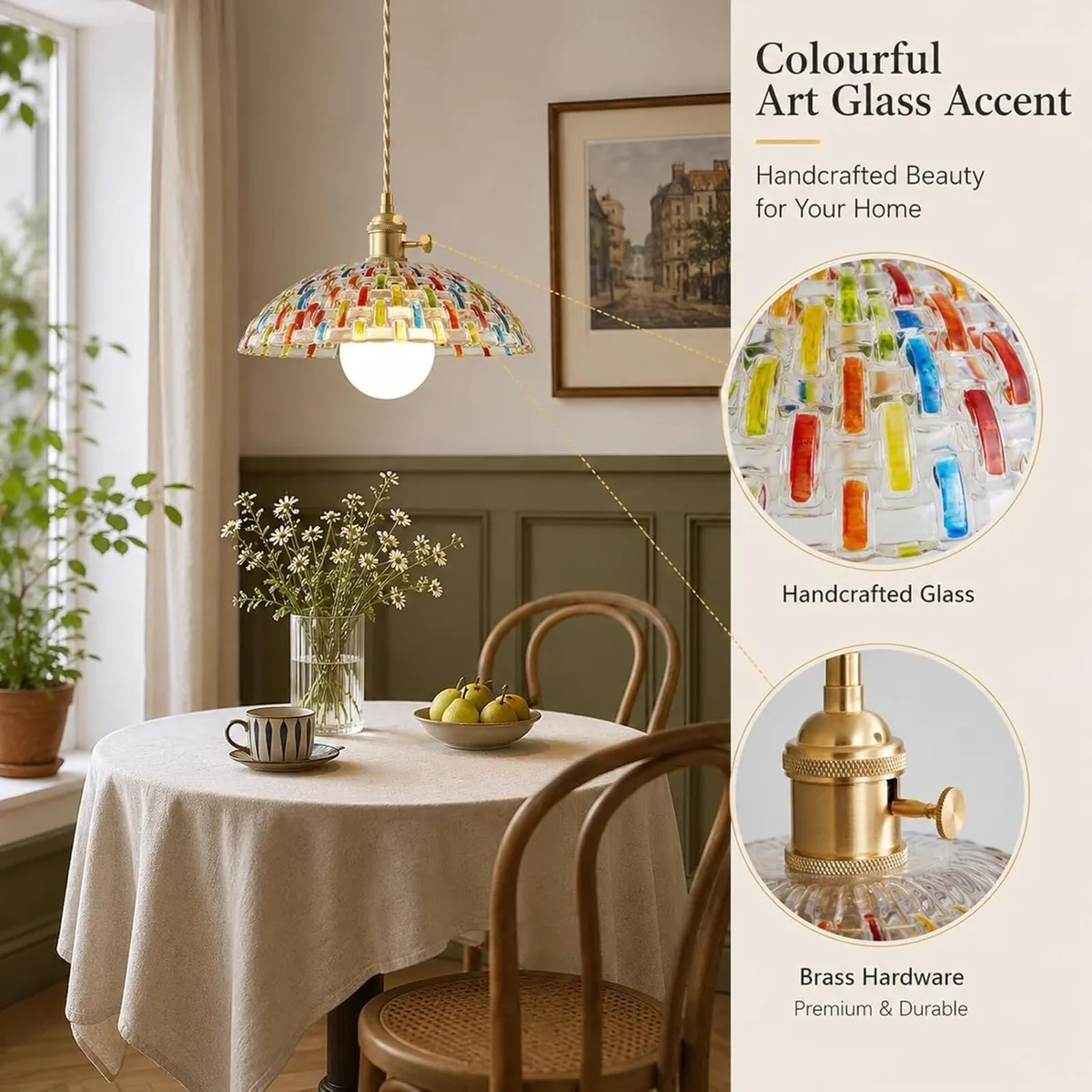 Boho Mosaic Glass Pendant Light Vintage Brass - Image 3