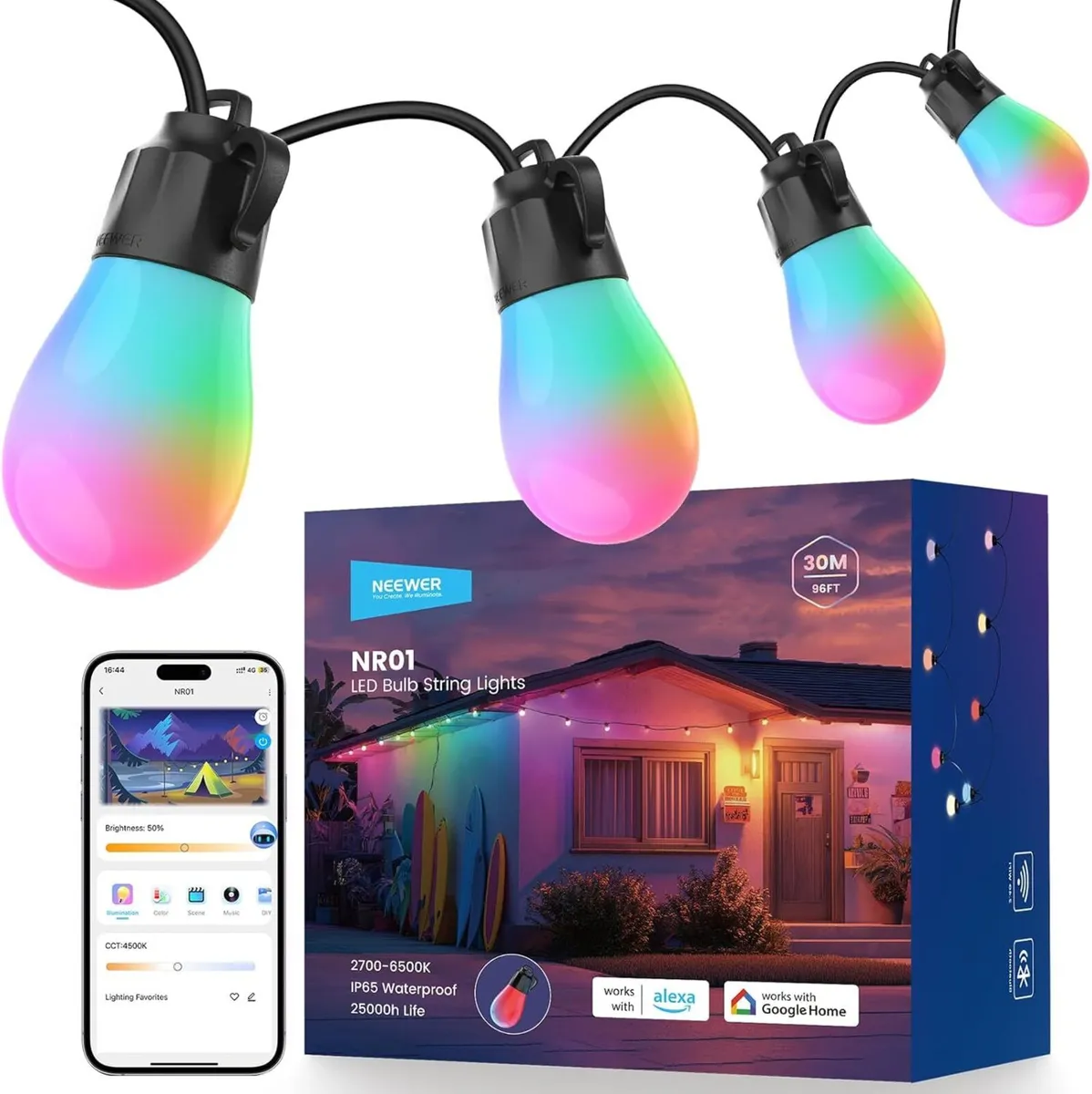 96FT Outdoor String Lights App Control Smart Ai - Image 1