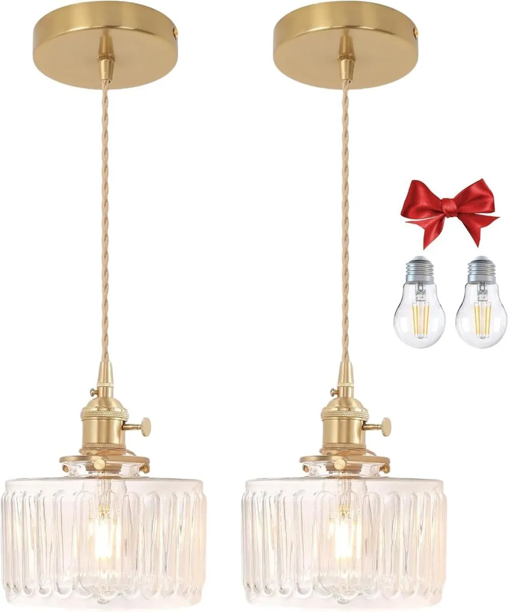 Clear Fluted Glass Pendant Light 2 Natural Bulbs - Image 1