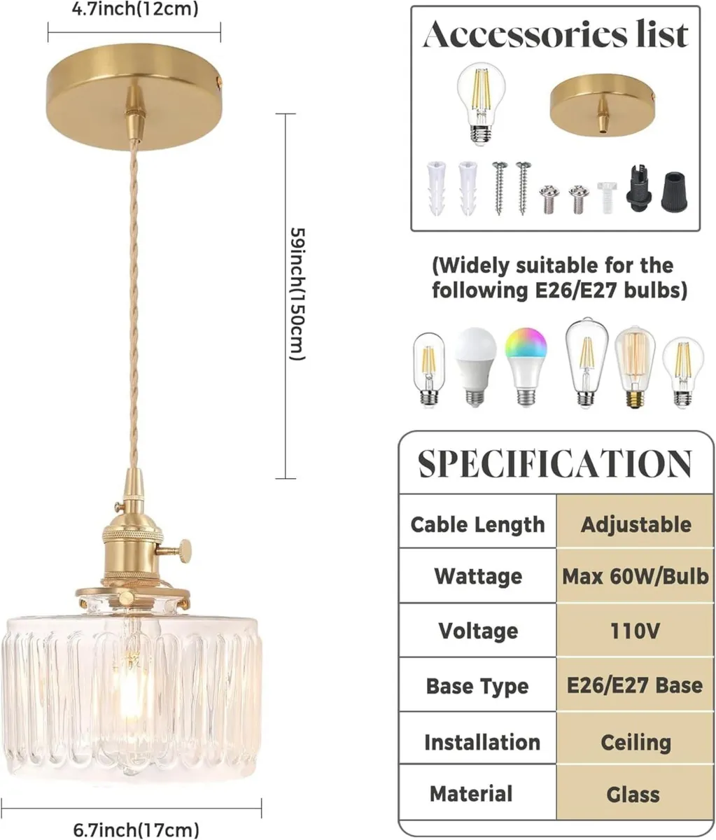 Clear Fluted Glass Pendant Light 2 Natural Bulbs - Image 2