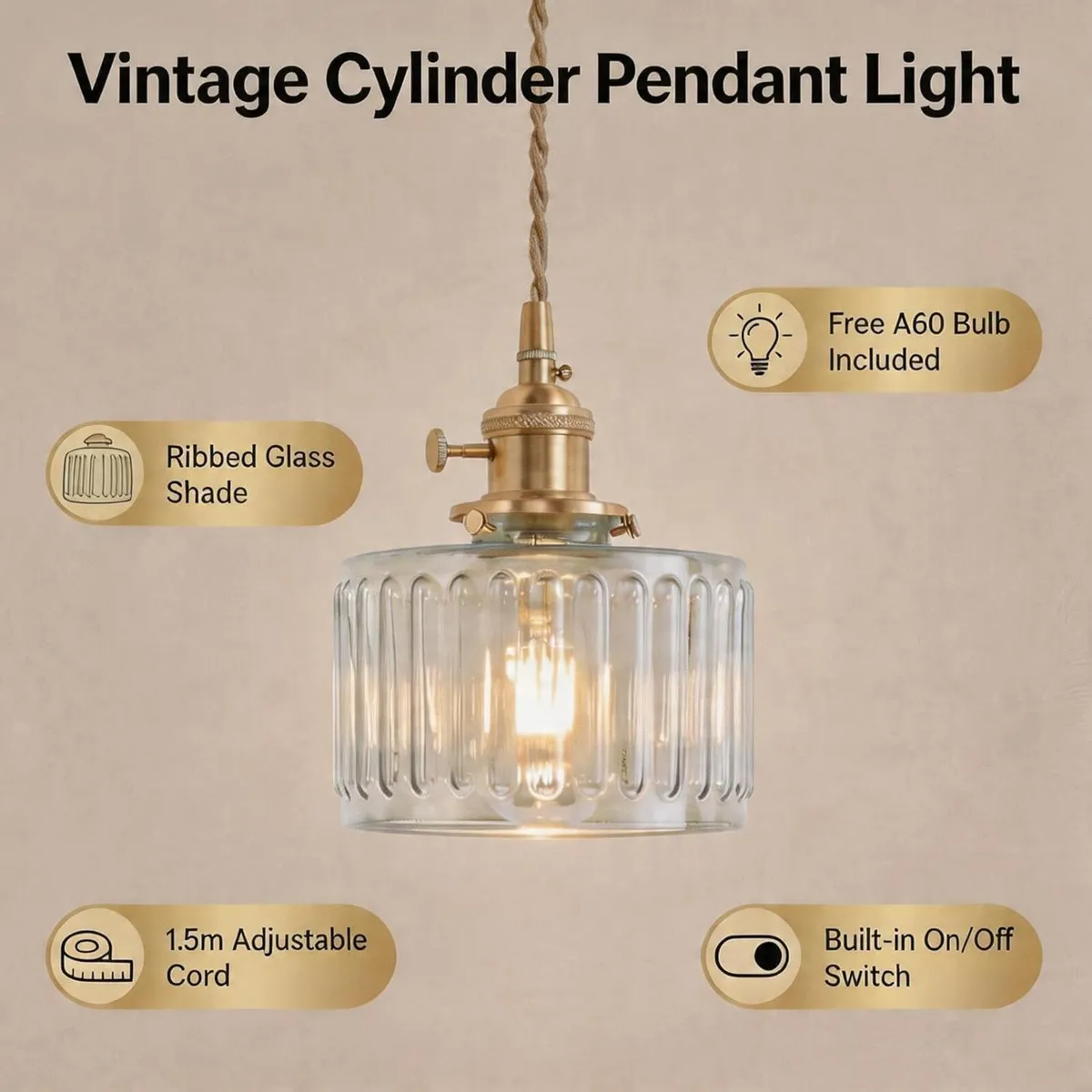 Clear Fluted Glass Pendant Light 2 Natural Bulbs - Image 3