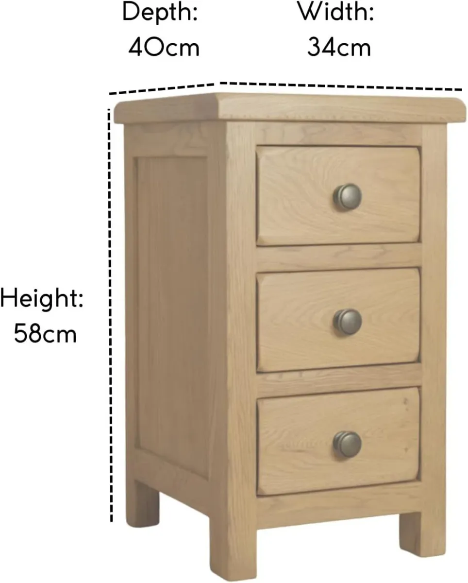 Solid Oak Bedside Table 3 Drawer Slim Cabinet - Image 2