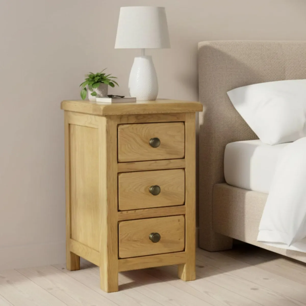 Solid Oak Bedside Table 3 Drawer Slim Cabinet - Image 1