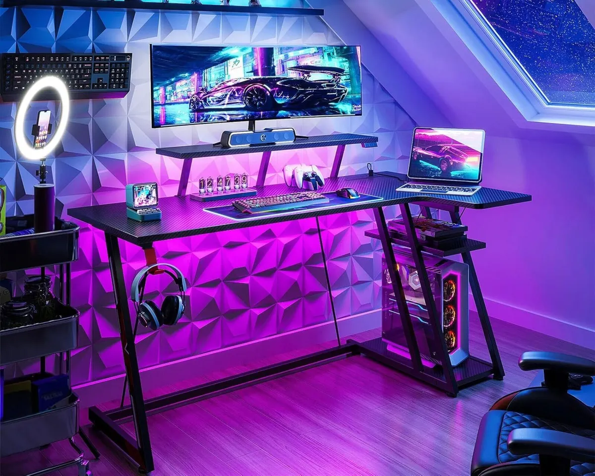 Gaming Desk with LED Lights Power Outlets - Image 2