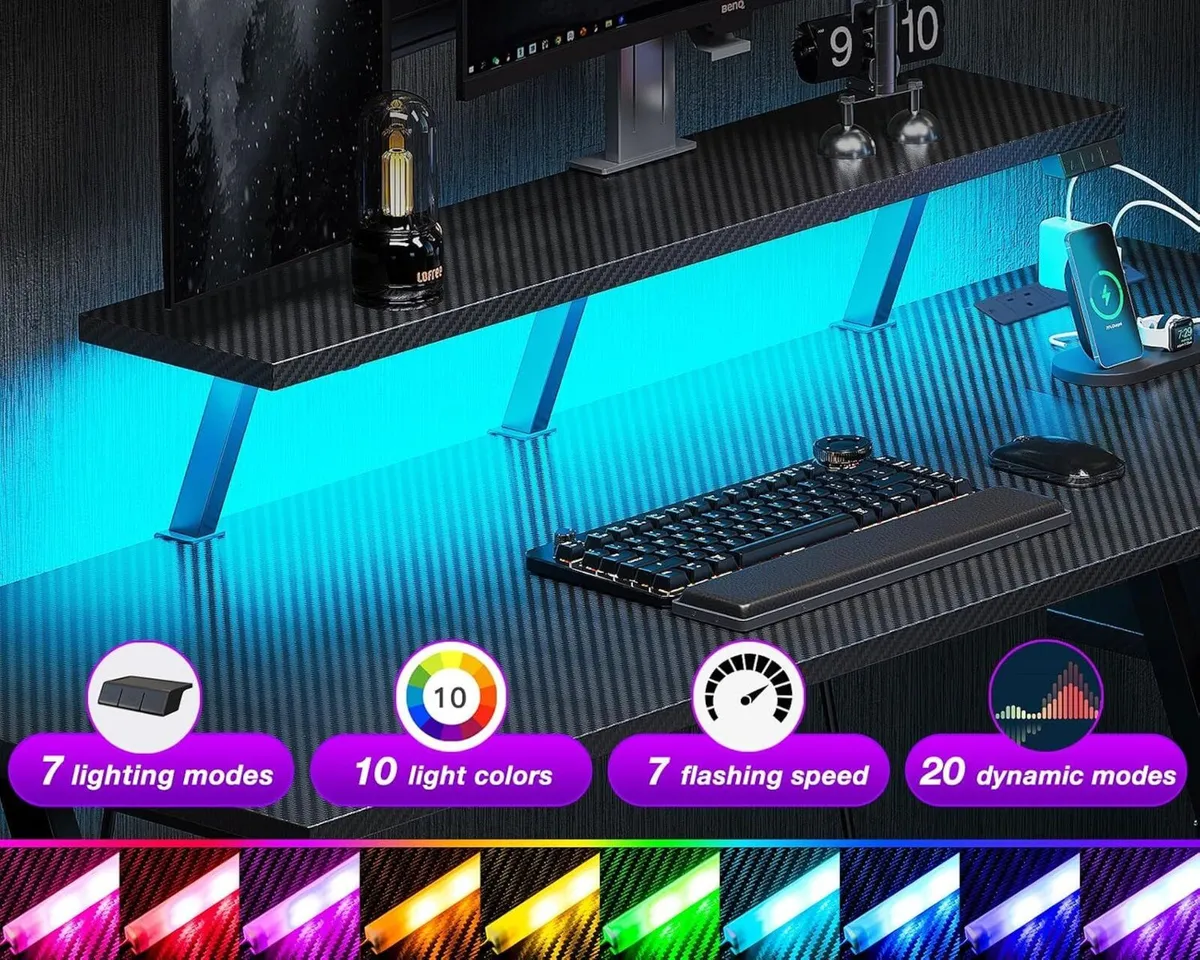 Gaming Desk with LED Lights Power Outlets - Image 4