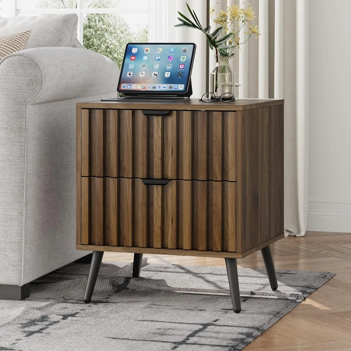 Walnut Wooden Night Stand Mid Century Nightstand - Image 1