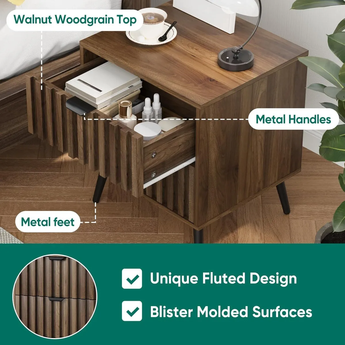 Walnut Wooden Night Stand Mid Century Nightstand - Image 3