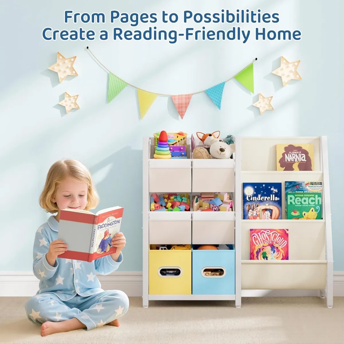 Kids Bookcase 3-Tier Bookshelf with 6 Toy Storage - Image 3
