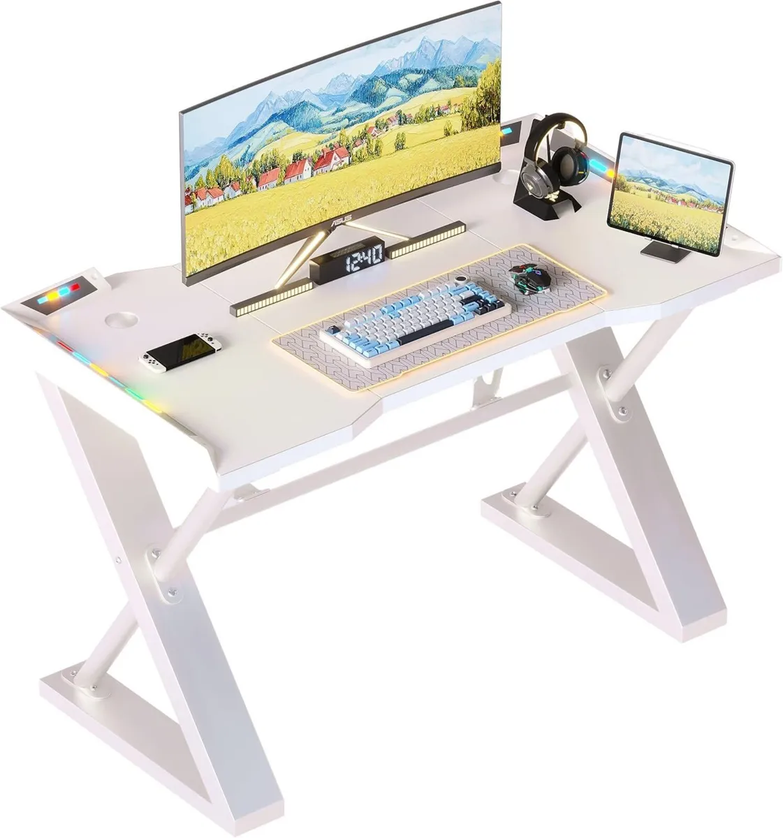 Gaming Desk with Pegboard Power Outlet LED Light - Image 1
