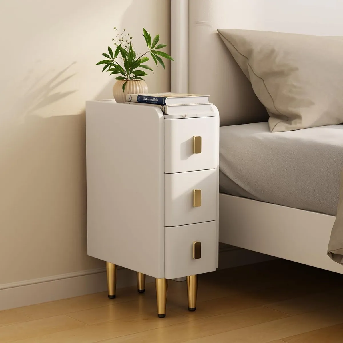 Narrow Nightstand Side Table with 3 Drawers - Image 1