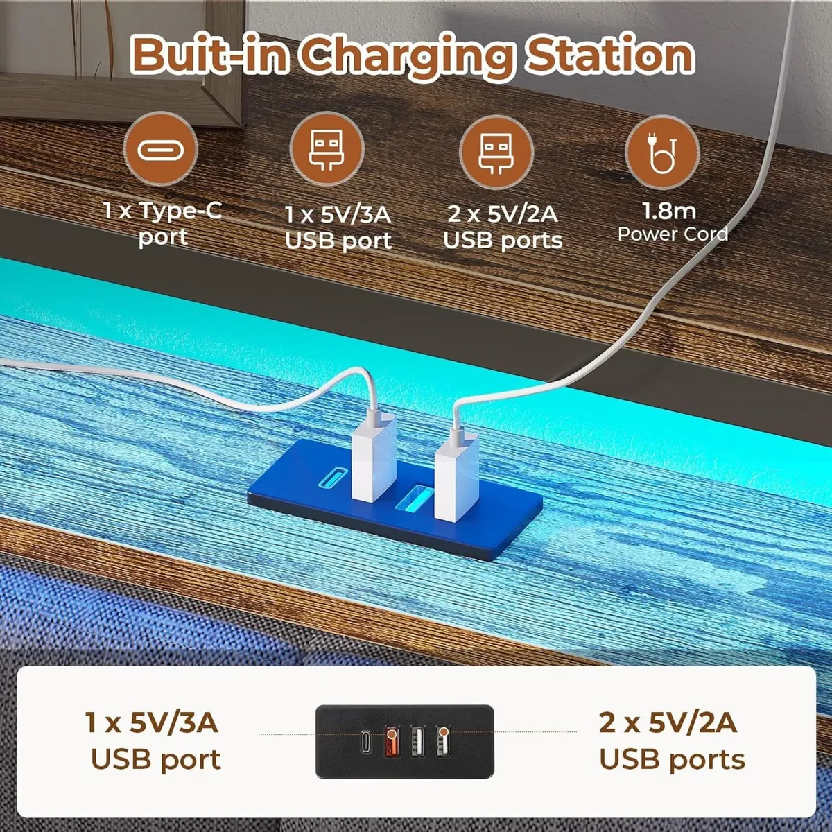 Bed Frame Upholstered with LED Lights Charging - Image 3