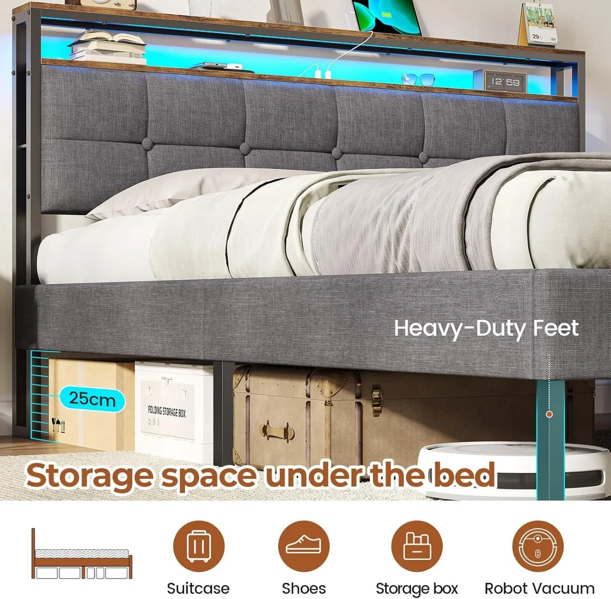 Bed Frame Upholstered with LED Lights Charging - Image 4