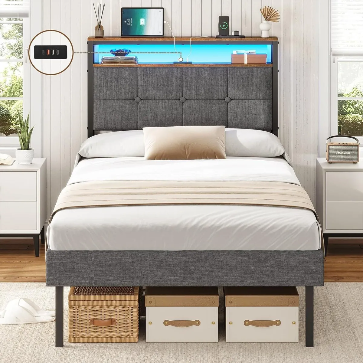 Bed Frame Upholstered with LED Lights Charging - Image 1
