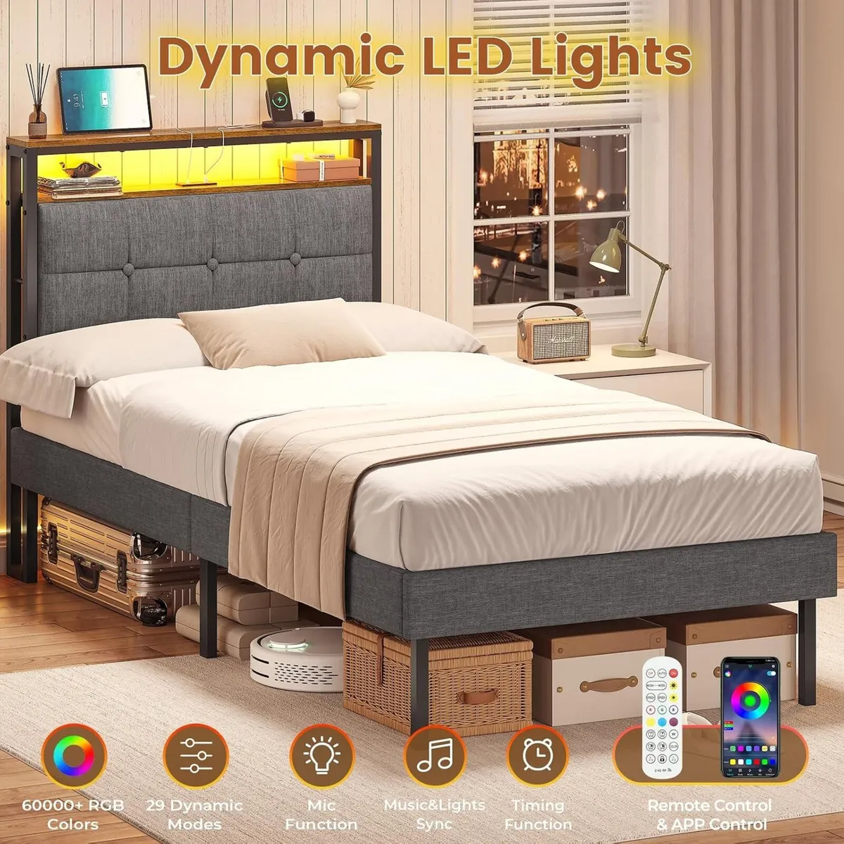 Bed Frame Upholstered with LED Lights Charging - Image 2