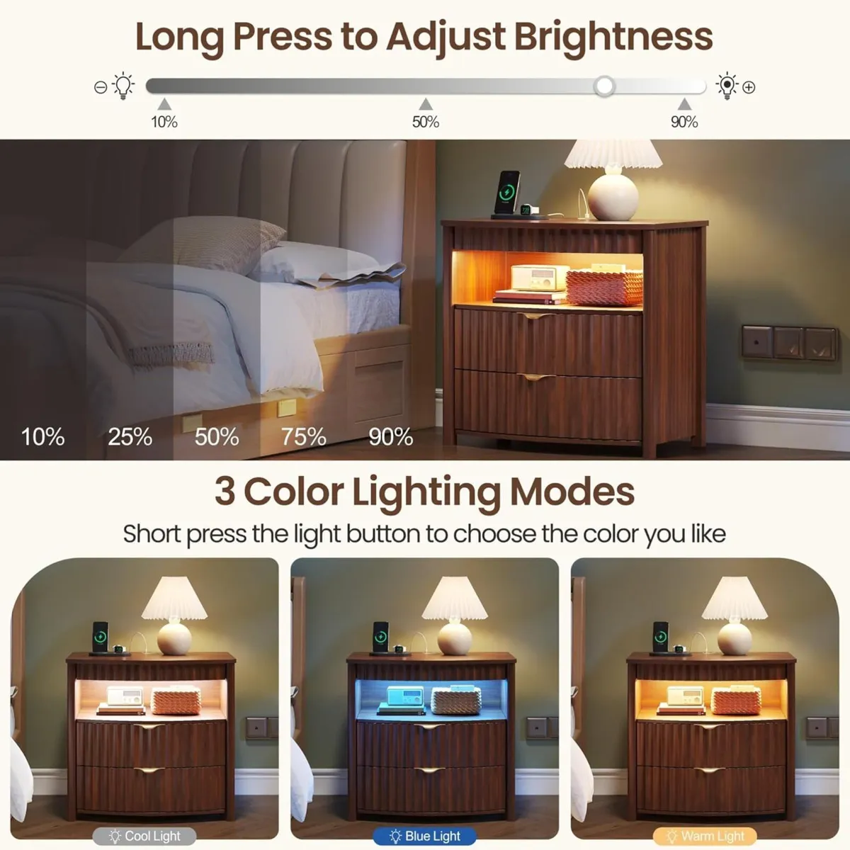 Bedside Table with Hidden Drawer and LED Lights - Image 1