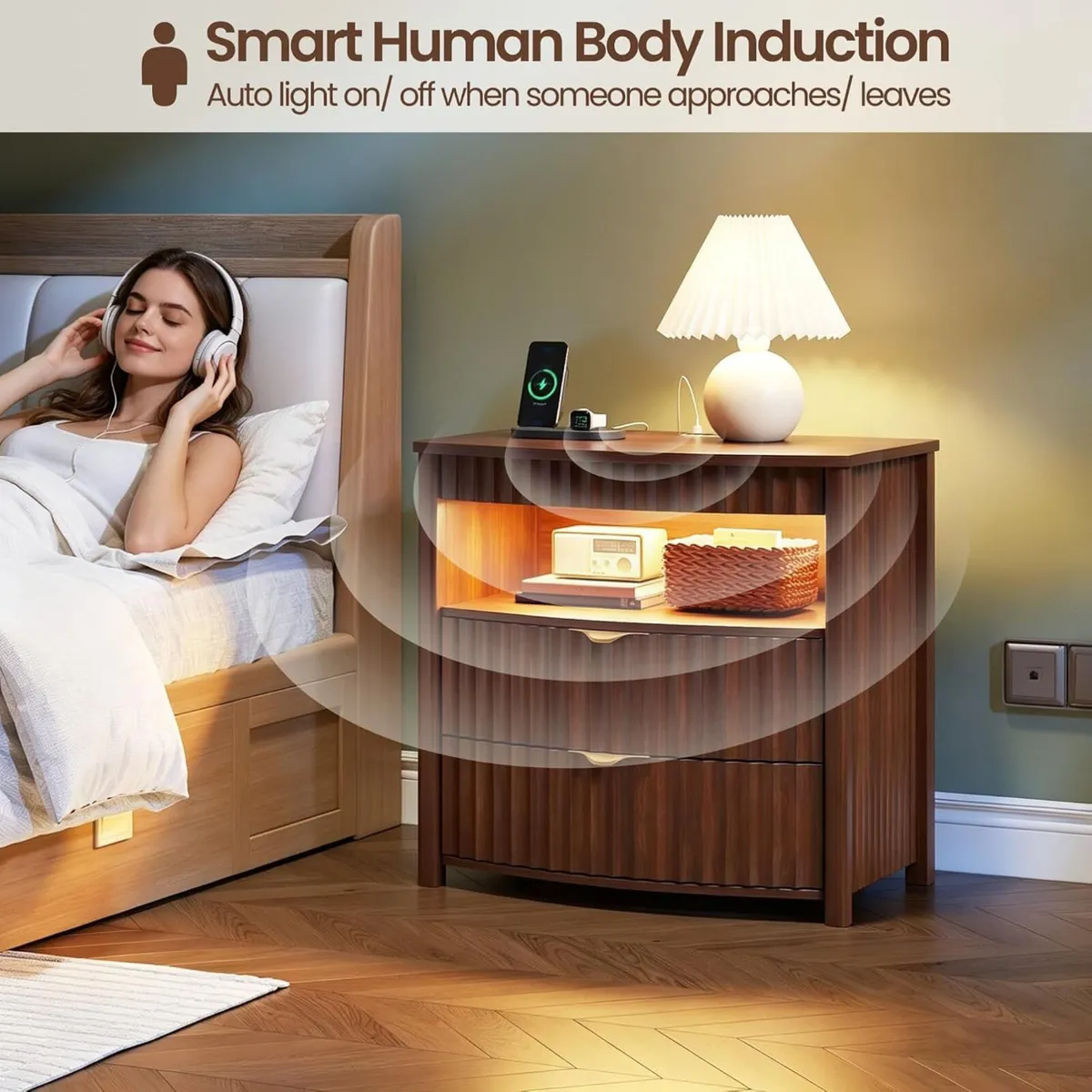 Bedside Table with Hidden Drawer and LED Lights - Image 2