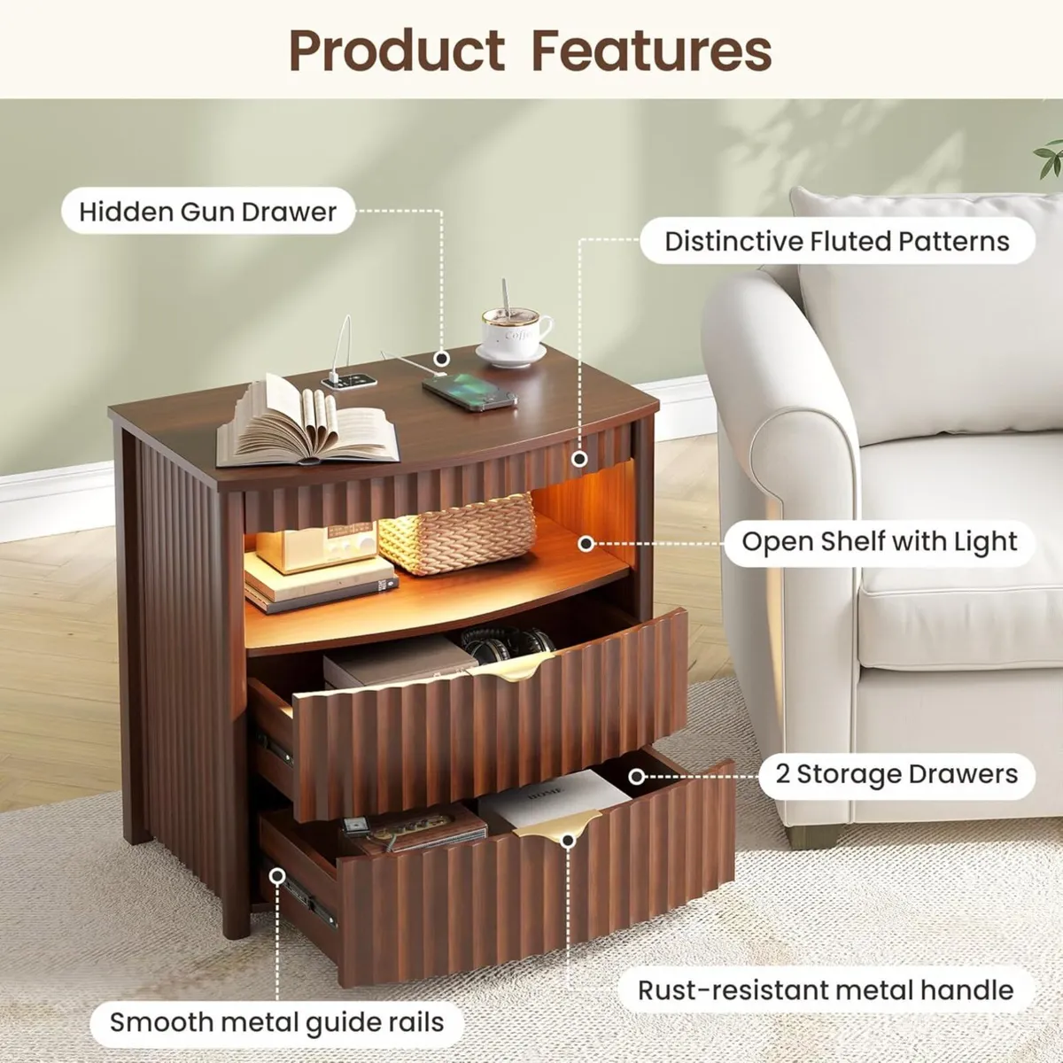 Bedside Table with Hidden Drawer and LED Lights - Image 4
