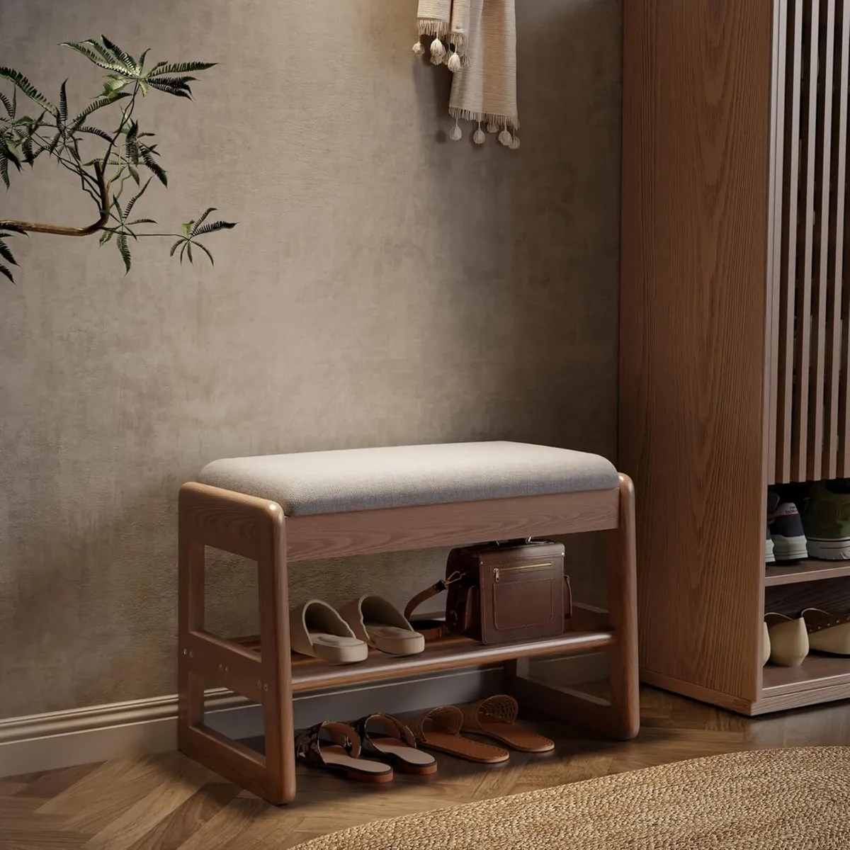 Small Shoe Bench with Cushion Storage Seat Wooden - Image 1
