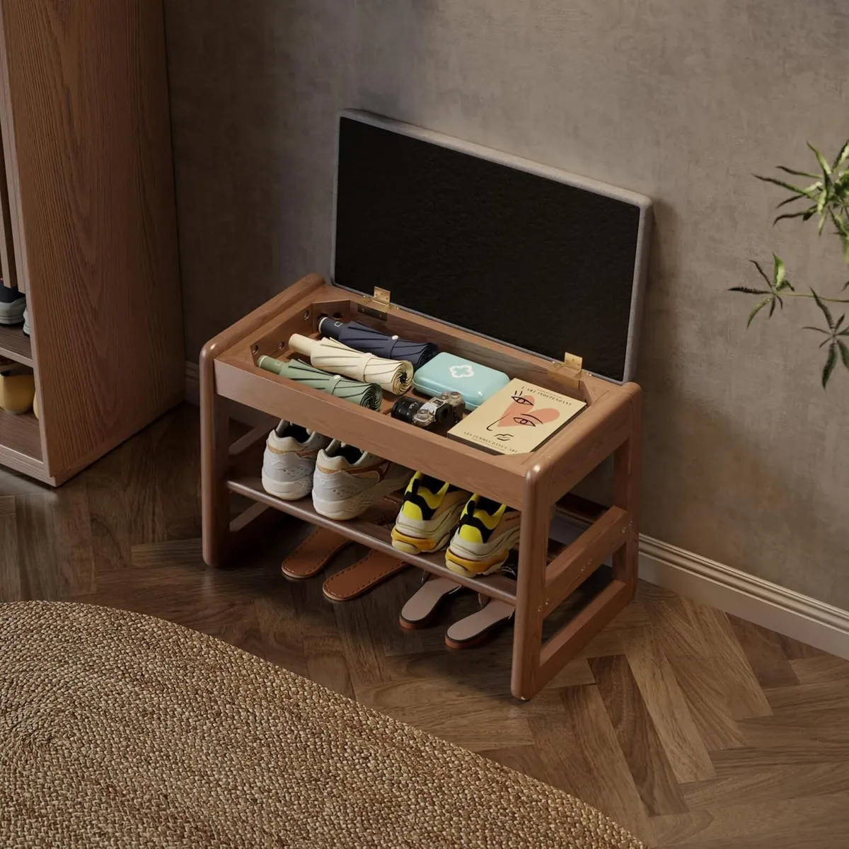 Small Shoe Bench with Cushion Storage Seat Wooden - Image 3
