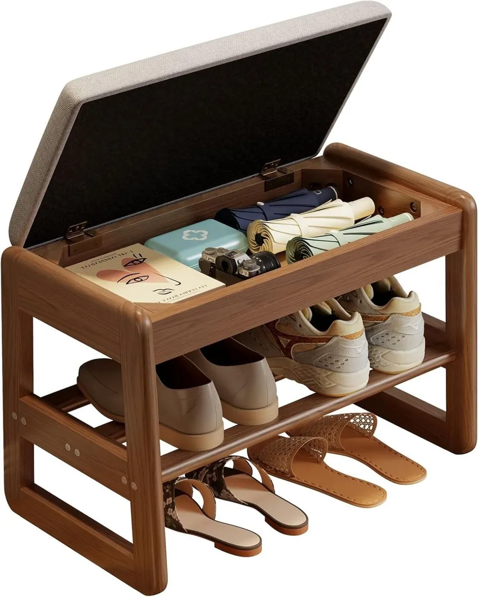 Small Shoe Bench with Cushion Storage Seat Wooden - Image 4