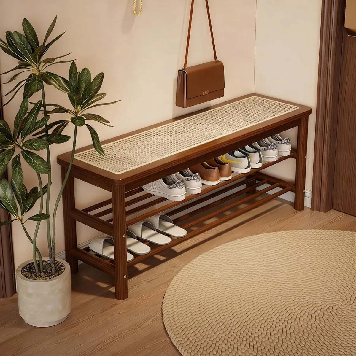 Bamboo Shoe Rack Bench with Rattan Seat 3-Tier - Image 1