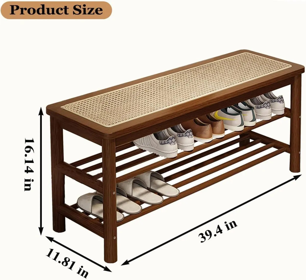 Bamboo Shoe Rack Bench with Rattan Seat 3-Tier - Image 2