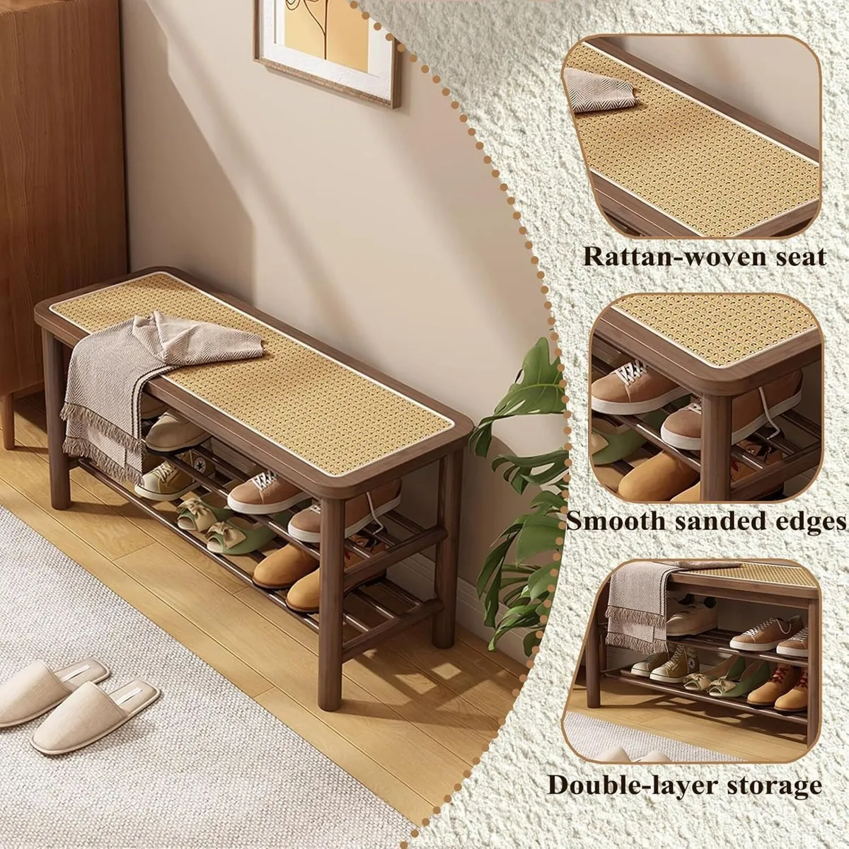 Bamboo Shoe Rack Bench with Rattan Seat 3-Tier - Image 3