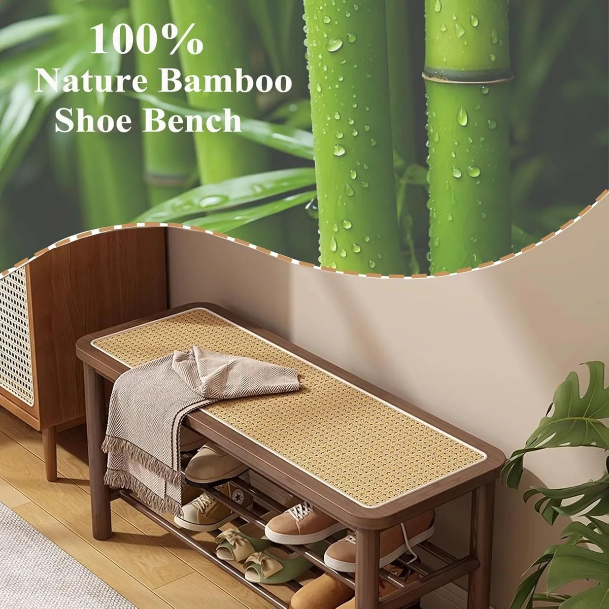Bamboo Shoe Rack Bench with Rattan Seat 3-Tier - Image 4
