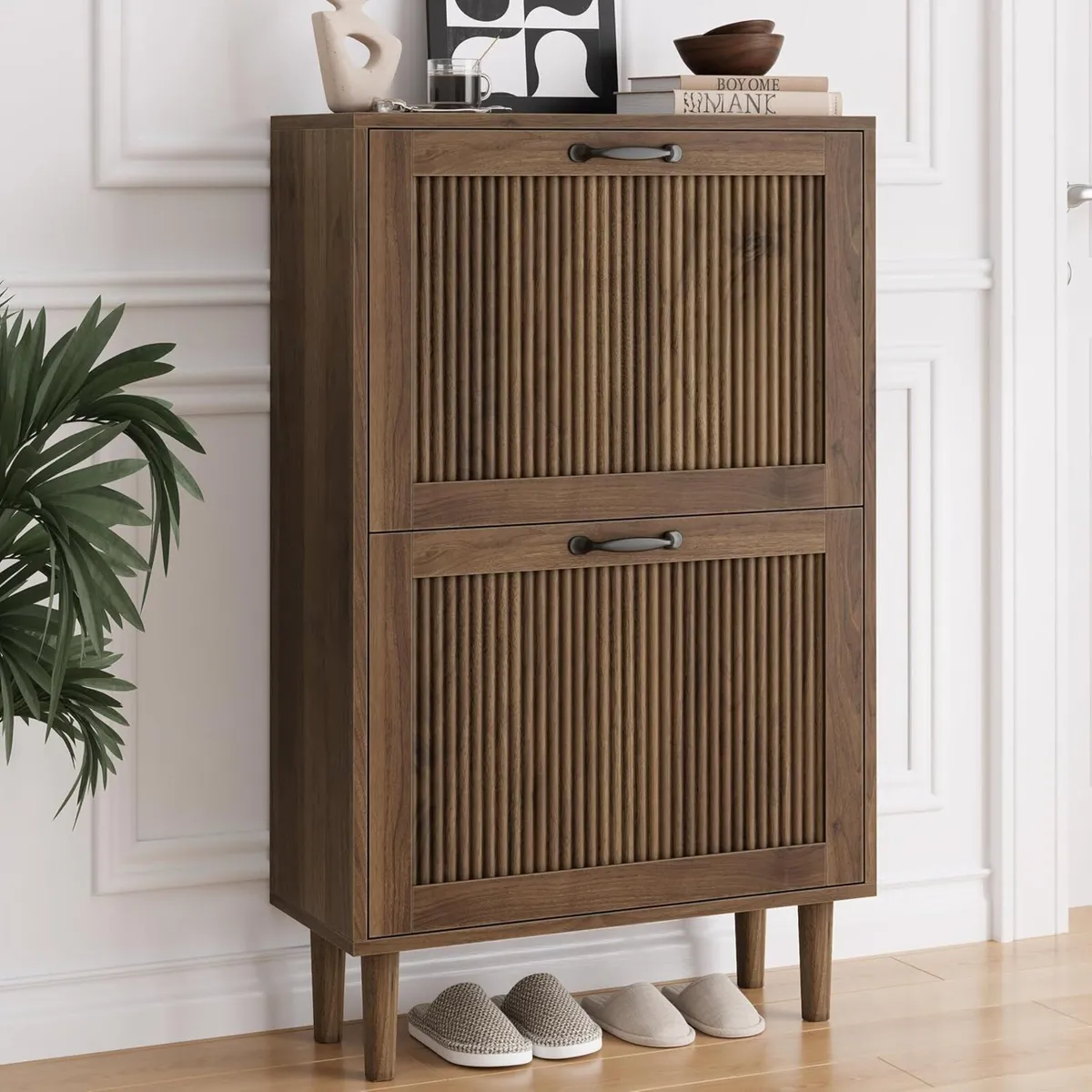 Walnut Shoe Cabinet with 2 Flip Drawers 23.6 - Image 1